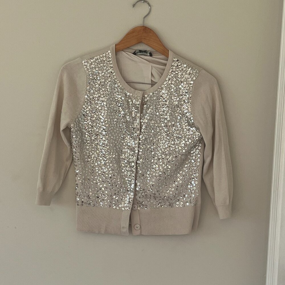 White House Black Market Cream Sequin Front Cardigan